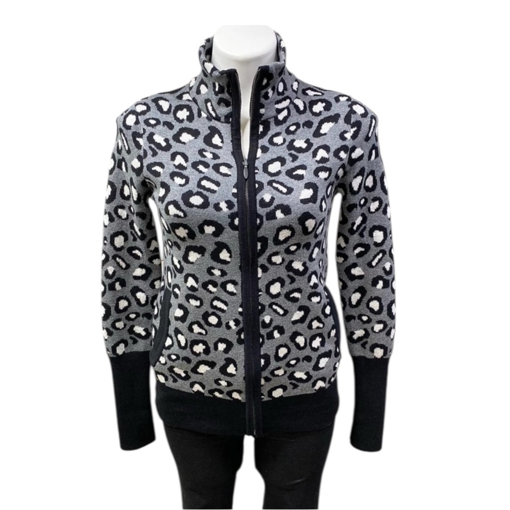 RACHEL ZOE Sweater Full Zip Pockets Leopard Print Women’s Size Medium